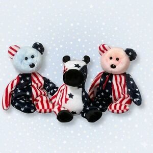 VTG Stars & Stripes Beanie Babies (Three) 1999 & 2000 Patriotic America 250 USA